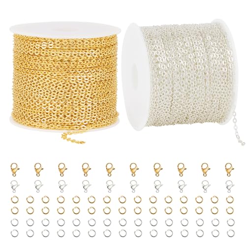 Kyutong 65.6 Feet Stainless Steel Jewelry Making Chains Bulk on Spool 2 Rolls Cross Cable Chain Links Gold Silver Craft Jewelry Supplies with Lobster Clasps Jump Rings for DIY Handcraft - color: Cable Chain