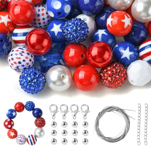 DanLingJewelry 50Pcs Random 20mm Acrylic Round Beads Independence Day Acrylic Beads Red White Blue Spacer Beads for Crafts Jewelry Making - color: 50pcs - Independence Day