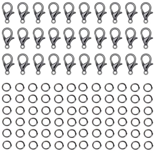 500 Pieces Set Lobster Claw Clasps 100 Lobster Clasps 400 Open Jump Rings for Jewelry Making Bracelet Necklace DIY Jewelry Making Findings Crafts Fastener Hook (Gun Black) - color: Gun Black