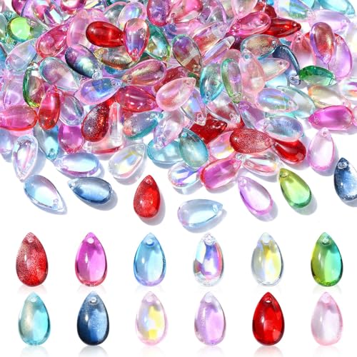 Ipotkitt 200 Pcs Random Color Transparent Glass Teardrop Charms Crystal Water Drop Bead Charms Top Drilled Beads for DIY Earring Necklace Bracelets - color: 200pcs-Drop Charms-Mixed Color