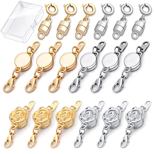 18 Pcs 3 Styles Magnetic Necklace Clasps and Closures, Rose Round Cylindrical Jewelry Magnetic Clasp Connector Locking Magnetic Clasp Bracelet Extender for Jewelry Making (Gold, Silver) - color: Gold Silver