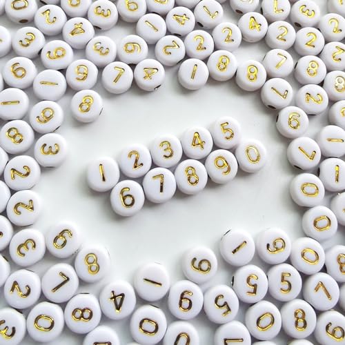 Amaney 500pcs Gold Number Beads 7x4mm Mixed Number Beads Acrylic Round Shape Loose Beads - color: Gold, size: 7x4mm