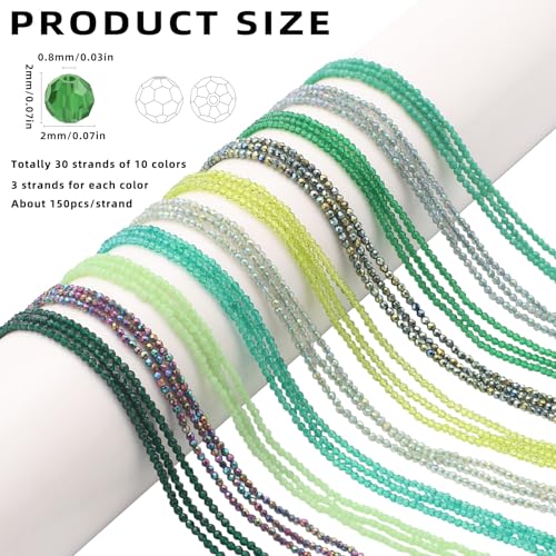 30 Strands 32 Faceted Glass Beads for Jewelry Making 4500pcs 2mm Miny Spacer Bead Round Small Craft Glass Beads for Bracelets Necklaces Earrings (Green Series) - color: Green