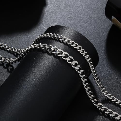2PCS Cuban Link Chain Set for Men - Gold/Silver Plated Stainless Steel Layered Chain Necklace Non-Tarnish Jewelry Gift 16"/18", 18"/20", 20"/22", 22"/24" - color: Silver Chain, size: 22inch+24inch