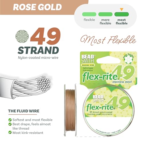 The Beadsmith Flex-Rite Beading Wire - 49-Strand Nylon-Coated Stainless-Steel Wire, 0.014" (0.35 mm) Dia, Rose Gold, 30 ft Spool, Durable Necklace & Bracelet String, for Jewelry Making Supplies - color: Rose Gold, size: .014” Dia - 30 ft
