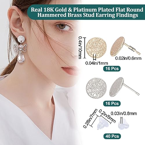 Beebeecraft 32Pcs 2 Colors Flat Round Earring Findings 18K Gold & Platinum Plated Frosted Surface Round Earring Post with Hole and 40Pcs Plastic Ear Nuts for Earring Jewelry Making - color: Gold and Silver