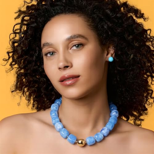 Chunky Necklaces for Women, Trendy Colorful Square Acrylic Resin Beads Statement Choker Necklace, Lightweight Boho Summer Beach Vacation Jewelry - color: Larimar Blue color