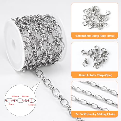 YOUBEIYEE 2 Meters Stainless Steel Chain for Jewelry Making Oval Rolo Chains for Men and Women Necklace Bracelet DIY Jewelry Supplies Findings - color: Oval Silver