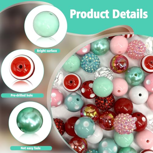 50Pcs Chunky Bubblegum Beads, 20mm Chunky Bubble Gum Beads for Adult DIY Beadable Pens Bracelets Necklaces Pearl Beaded Craft Mother's Day Jewelry Making (Red&Teal) - color: Red+Pink+Green
