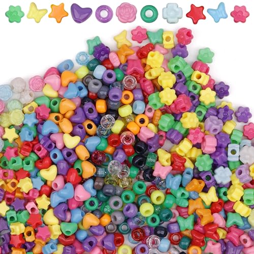 Pony Bead Shapes for Friendship Bracelets 600 Pcs Plastic Assorted Star Heart Flower Round Beads Bulk for DIY Bracelet Necklace Jewelry Making Supplies - color: Multicolour Multi-Shapes 3