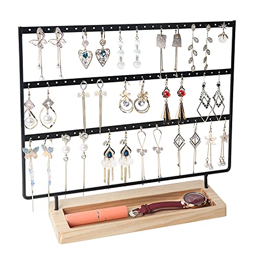 Earring Organizer 3-Tier 75 Holes Jewelry Organizer Display Stand,Metal Earring Holder with Wood Basic stand,Necklace holder Storage Tray for Ring,Earrings,Ear Stud,Bracelets(Black) - color: Black