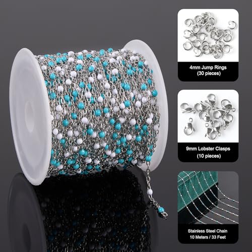 UMAOKANG 33 Feet Stainless Steel Chains for Jewelry Making Light Bule White Enamel Bead Necklace Bracelet DIY Chain Roll - color: Light Blue White-Silver