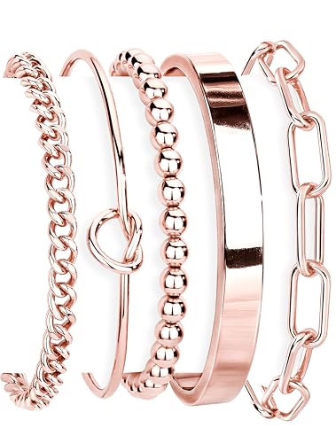 Gokeey Gold Bracelets Set for Women Non Tarnish, Waterproof 14K Gold Plated Sterling Silver Chunky Cuff Bracelet Stackable Gold Bangles Bracelet for Women Trendy Fashion Accessories Tie Knot Cuban Rope Paperclip Beaded Bracelet Stack Jewelry Mothers Day G