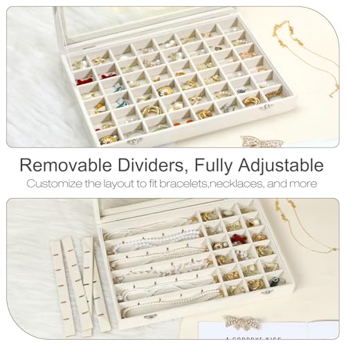 48 Grid Velvet Stud Earring Organizer Storage Tray, Adjustable Earring Holder Organizer with Clear Lid, Jewelry Display Box for Earrings, Rings, Necklaces and Studs, Gift for Women and Girls