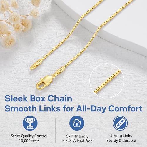 Jewlpire 1.3mm Box Chain 14K Gold Plated 925 Sterling Silver Chain Necklace for Women, Thin & Sturdy Womens Chains Necklace 14 16 18 20 22 24 26 Inches - color: 14K Gold Plated, size: 14 Inches