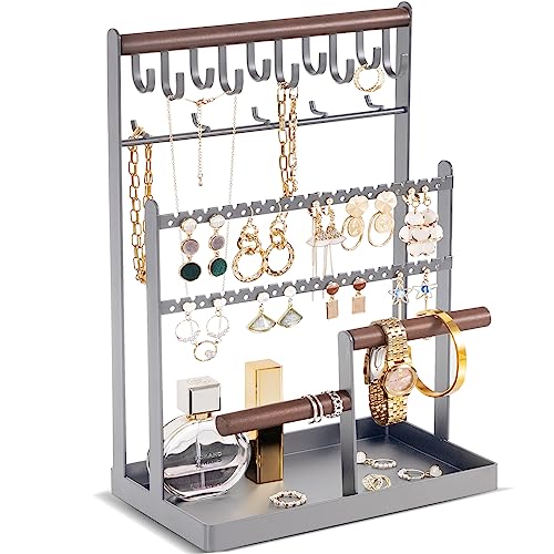 ProCase Jewelry Organizer Stand Necklace Organizer Earring Holder, 6 Tier Jewelry Stand Necklace Holder with 15 Hooks, Jewelry Tower Display Rack Storage Tree for Bracelets Earrings Rings -Grey - color: Grey