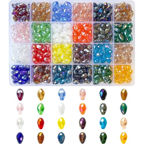 480pcs Teardrop Glass Beads for Jewelry Making 8x12 mm Faceted Straight Vertical Hole AB Rainbow Colorful Crystal Spacer Beads Assortment,Wholesale for DIY Handcrafted Bracelet Necklace - size: 8*12mm