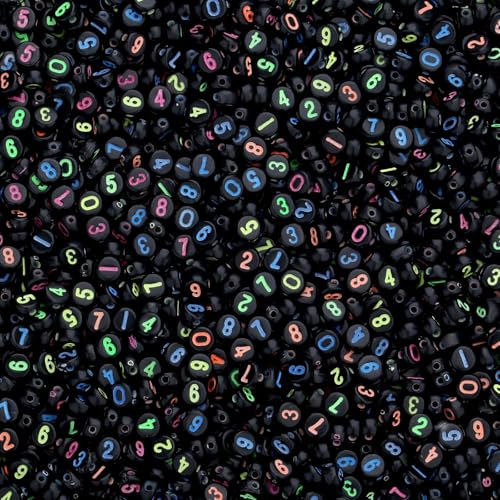 LAIDANLA 1000PCS Acrylic Number Beads Colorful Number Black Round Bead 7×4mm for Jewelry Bracelets Necklaces Key Chains Making - color: W-Colorful Number Black Beads