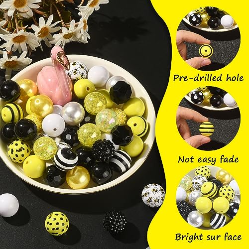 DanLingJewelry 50Pcs 20mm Bee Acrylic Beads - Yellow Black Round Ball Dot Stripe Printed Beads for DIY Crafts Bracelet Jewelry Making - color: 50pcs - bee