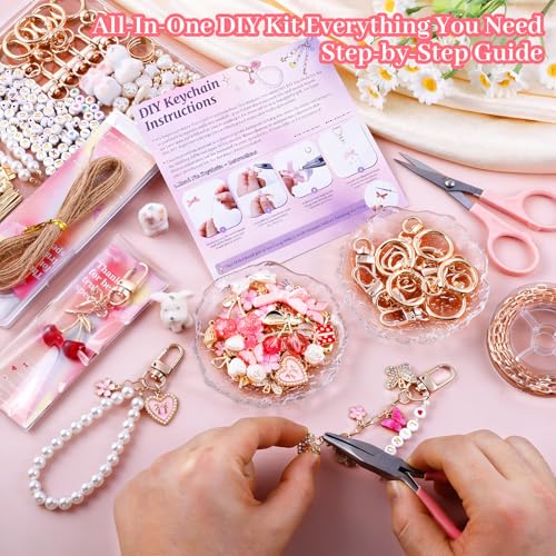 Wurosi 680 Pcs Keychain Making Kits, Pink DIY Bag Charm Kit, 78.74 Inch Chains, Key Chain Hooks, Jump Rings, Lobster Clasps, 225 Charms & Letter, Tools, Great for a Custom Gift, Party, or Family Activ - color: 680PCS Keychain Making Kit