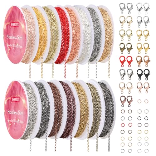 ENERFUN Necklace Chains for Jewelry Making, 15 Rolls Multicolor Chains Bulk 147 Feet for DIY Necklace Bracelet Making Accessories with Jump Rings Lobster Clasps Connectors - color: Multicolor