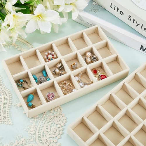 2Pcs 5 x 8.3 Inch Jewelry Box Tray Velvet Jewelry Drawer Insert Antique White 18 Grids Divided Stackable Necklace Storage Container Dresser Drawer Case for Earring Rings Display Showcase - style: White 18 Grids