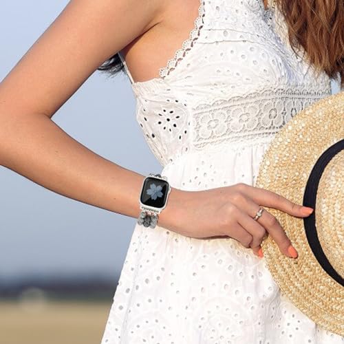 Newlibery Natural Stone Bracelet Beaded-Bands Women Compatible with Apple Watch 38mm 40mm 41mm 42mm (S10/11) Feminine Cute Handmade Stretch Strap for iWatch Series 11/10/9/8/7/6/5/4/3/2/1 SE 3/2/1 - color: A8 Grey Map, size: 38/40/41/42mm(S10/11)