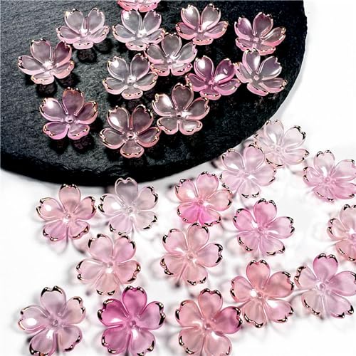 50Pcs Cherry Blossom Acrylic Flower Beads, Mini Floral Spacer Beads for Jewelry Making 5-Petal Gradient Flower Bead Gold-Plated Flowers Bead Charms for Bracelets (Pale Pink Gradient) - color: Pale Pink Gradient