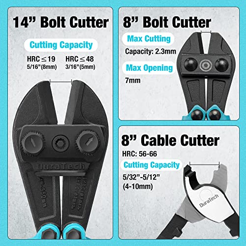 DURATECH 3-Piece Bolt Cutter Pliers Set, 14" Heavy Duty, 8" Mini, 8" Wire Cable Cutter with Carrying Case, Ergonomic Handle, Cr-V Blade for Bolts, Rivets, Chains, Wires - size: 8" Cable Cutter + 8" Bolt Cutter +14" Bolt Cutter