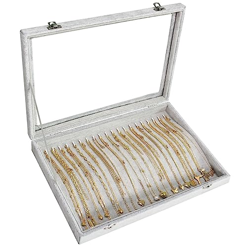 Necklace Organizer Box with Clear Lid Velvet Tray for Jewelry Storage Display Case, 20 Hooks Glass Top Drawer Insert Necklaces Pendants Dustproof Necklace Jewelry Box Organizer & Tray (Grey) - color: Grey, size: Necklace tray