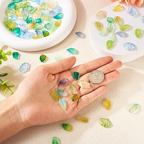 Beadthoven 150Pcs Leaf Beads 15 Styles Baking Paint Glass Pendants Transparent Green Leaf Beads Caps with Hole for Bracelet Earring Necklace Crafts Jewelry Making DIY Accessories - color: Leaf-15 Styles