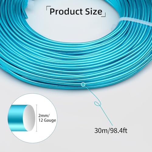 12 Gauge Aluminum Wire 100FT, 2mm Bendable Metal Anodized Aluminum Wire for Sculpting Jewelry Making Crafts Wreath Beading Floral(Lake Blue) - color: Lake Blue