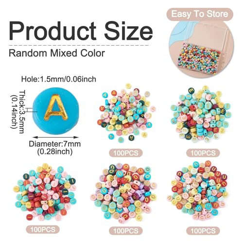 500Pcs Colorful Acrylic Beads Vowel Letter A/E/I/O/U Flat Round Capital Letter Alphabet Loose Spacer Beads for DIY Friendship Bracelet Necklace Keychain Jewelry Making 7x3.5mm - color: Colorful