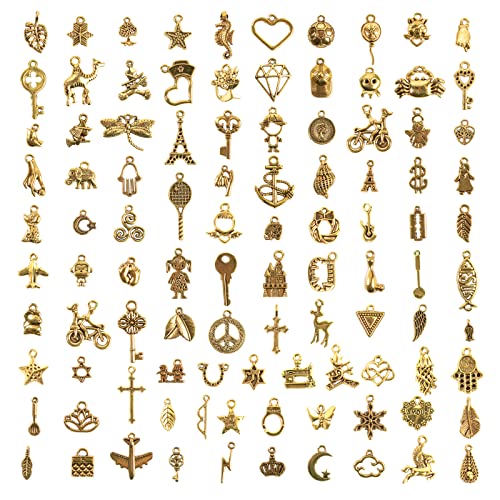 CHuangQi 100pcs Bulk Lots Jewelry Making Charms, Mixed Smooth Metal Charms, Pendants Bracelet Necklace Jewelry Making and DIY Craft Accessories - color: Gold_100