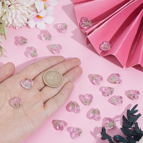 1 Box 20PCS Pink Heart Lampwork Beads Rose Flower Handmade Transparent Flat Glass Clear Floral Spring Garden Loose Spacer Bead Bulk for Jewelry Making Valentine's Day Bracelet Craft Supply
