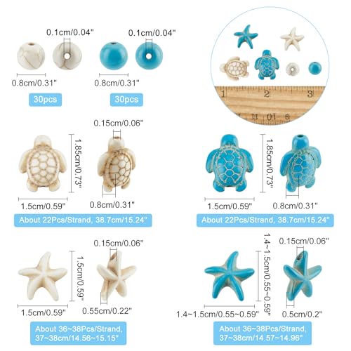 NBEADS About 176 Pcs 6 Styles Synthetic Turquoise Bead, Turtle Bead Charms Starfish Sea Stars Charms Gemstone Stone Spacer Beads for Jewelry Making DIY Bracelet Necklace - color: Turtle & Starfish