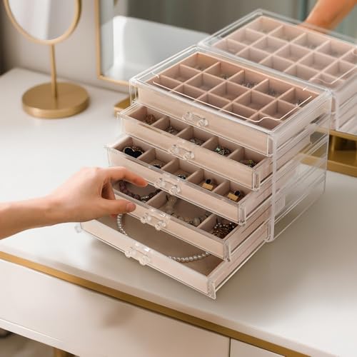 FEISCON Jewelry Box Organizer，Acrylic Storage Organizer with 5 Drawers Adjustable Velvet Trays grid size Jewelry Storage Box Clear Jewelry Organizer Gift for Women Girls (5 layer) - size: 5 layer