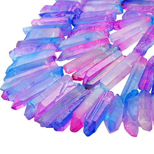 SUNYIK Hot Pink/Blue Titanium Coated Crystal Points Quartz Rough Sticks Spikes Point Beads 15 inch Strand Drilled - color: Hot Pink/Blue(Rough), size: 0.5"-1.6"