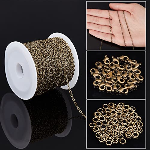 SUNNYCLUE 32.8Feet/10m Antique Bronze Chain Bulk Brass Curb Link 2.6x2x0.3mm Links Cable Chains for Jewelry Making Findings 100Pcs Iron Jump Rings 30Pcs Brass Lobster Clasps Necklace Bracelet Supplies - color: 2.6x2x0.3mm Links Cable Chains