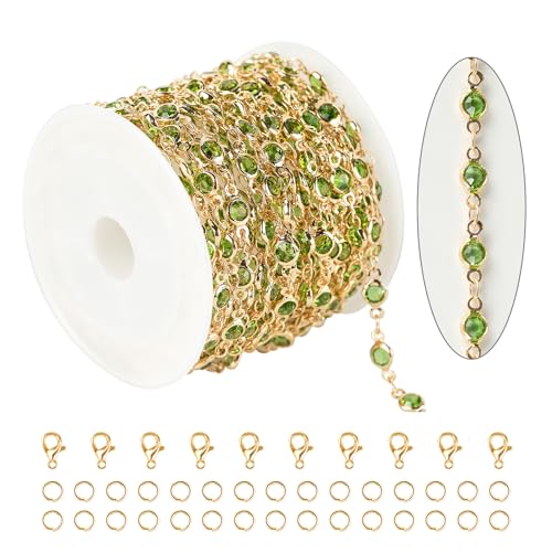 KYUNHOO 16.4ft Jewelry Chain for Crafts Making, Green Glass Bead Necklace Chains Bulk for Women with Jump Rings and Lobster Clasps Jewelry Findings - color: Green Bead-Gold