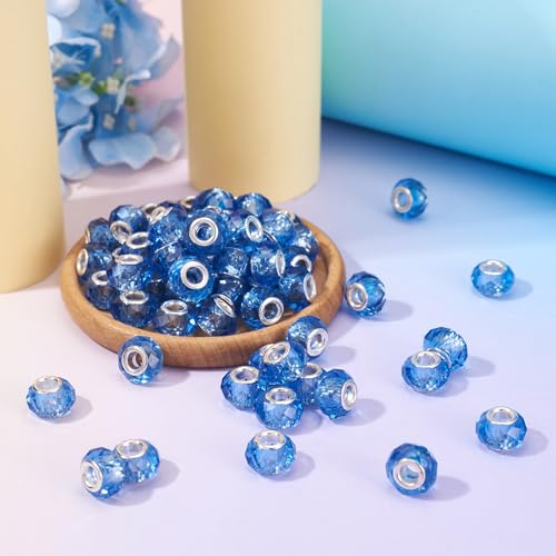100pcs 14mm Large Hole Beads Glass Crystal Faceted Beads Blue European Crystal Spacer Bead for Necklace Earring Bracelet Crafts Jewelry Making - color: Blue
