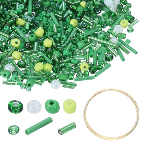uxcell 3000pcs Glass Seed Beads, 1.5-4.5mm Small Embroidery Bugle Beads Assorted Tube Bead Loose Kit for Jewelry Making DIY Craft Beading Bracelets Necklace Earring (Green) - color: Green