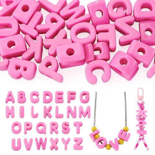 26Pcs European Acrylic Letter Beads A-Z Letters Chunky Large Hole Bead Charms with Horizontal Hole Pink Plastic 3D Initial Alphabet Beads for Key Chains Necklace DIY Craft Arts Projects - color: Pink
