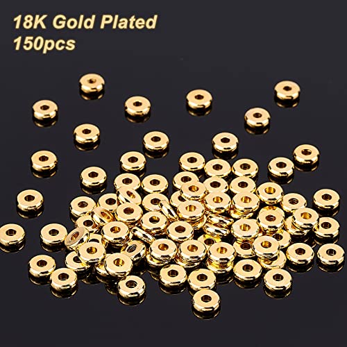 PH PandaHall 150pcs 6mm 18K Gold Plated Beads Flat Heishi Spacer Beads Disc Loose Bead Brass Flat Round Metal Bead for Summer Stackable Bracelet Necklace Jewelry Making - size: 6mm