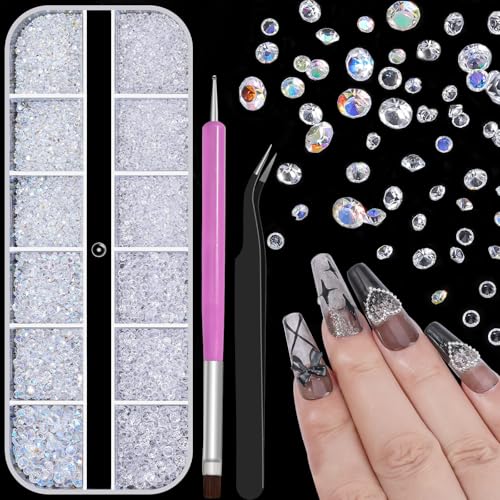 6800Pcs White AB Resin Rhinestones, 1.5mm 2mm 3mm Pointed Bottom Crystals Stones Diamonds Nail Gems Bedazzler Kit with Pickup Tools for Nails Face Eyes Makeup Tumblers Crafts (25-K1-pointed-white) - color: 25-K1-pointed-white
