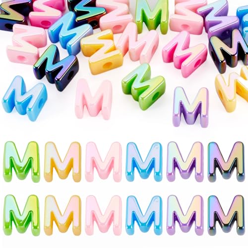 Beadthoven 20pcs Big Letter M Beads Large Hole Bubble Alphabet Acrylic Beads Charm Iridescent Plastic M Shape Loose Chunky Spacers for Jewelry Making Bracelet Necklace Keychains Shoelaces Crafts - color: M