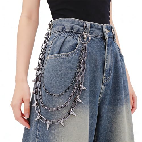 Layered Punk Pants Chain for Men Women, Gothic Hip Hop Jean Chain Wallet Chain Biker Trouser Chain, Goth Emo Fashion Keychain Accessories - color: 3L-Black Rivet