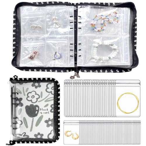 Jewelry Organizer Travel,Jewelry Storage Book with 45 Portable thick PVC pouches,Jewelry Organizer Zipper Bags for Necklaces Bracelet Rings and Earrings (front cover removable),Black - color: Black/45 PVC Pouches