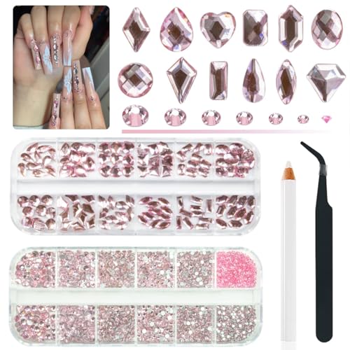 qiipii 3080Pcs Pink Nail Rhinestones 120 Multi Shapes Flatback Rhinestones Big Gems +2960 Light Pink Round Beads K9 Glass Stones Diamonds jewels Crystals for Nails Faces Eyes Makeup Clothes Crafts DIY - color: Pink, size: A Set