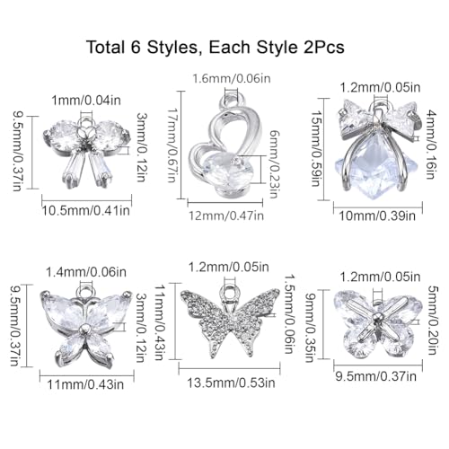 SUNNYCLUE 1 Box 12Pcs 6 Styles Silver Butterfly Charm Cubic Zirconia Micro Pave Brass Bowknot Mini Insect Pendants Glass Crystal CZ Stone Beads for Jewelry Making Charms DIY Bracelets Supplies - color: 1 Box 12Pcs Silver Tone Butterfly Charms